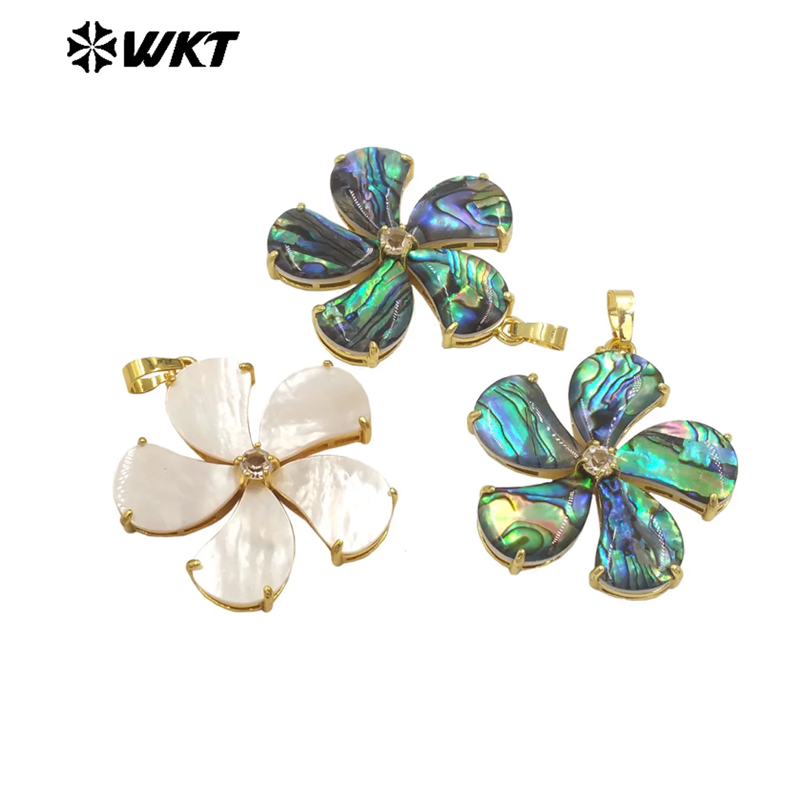 

WT-JP403 Beautiful Fashion Gold Plated Flower Shape Pendant Natural Abalone Shell With Little Zircon For Ladies Jewelry Making