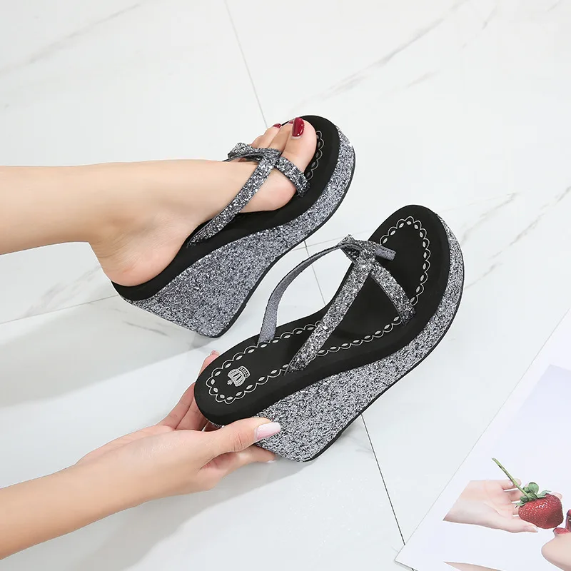 Super High Heel Sandals Fashion Sequined Rhinestones High Flip Flops Casual Beach Slipper Sandals Outdoor Women Beach Slippers