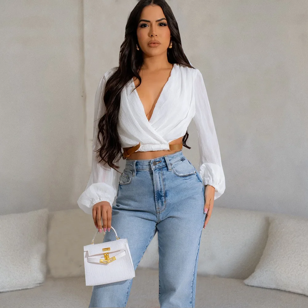 Women Blouse Fall Winter Fashion Deep V Neck Long Sleeve Crop Tops Elegant Lady Fold Belt Adjustable Waistband Blouses Shirts