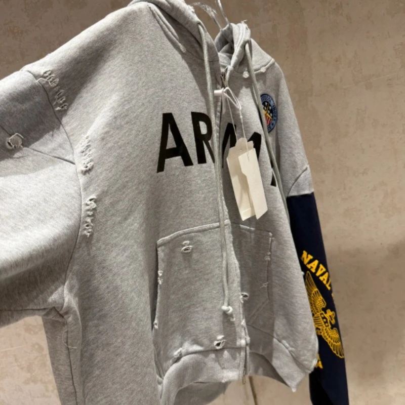 PROJEKT G/R 2026 Patchwork ARMEE Vintage Beschädigte Strickjacke Pullover Männer Frauen Beste Qualität Hoodie