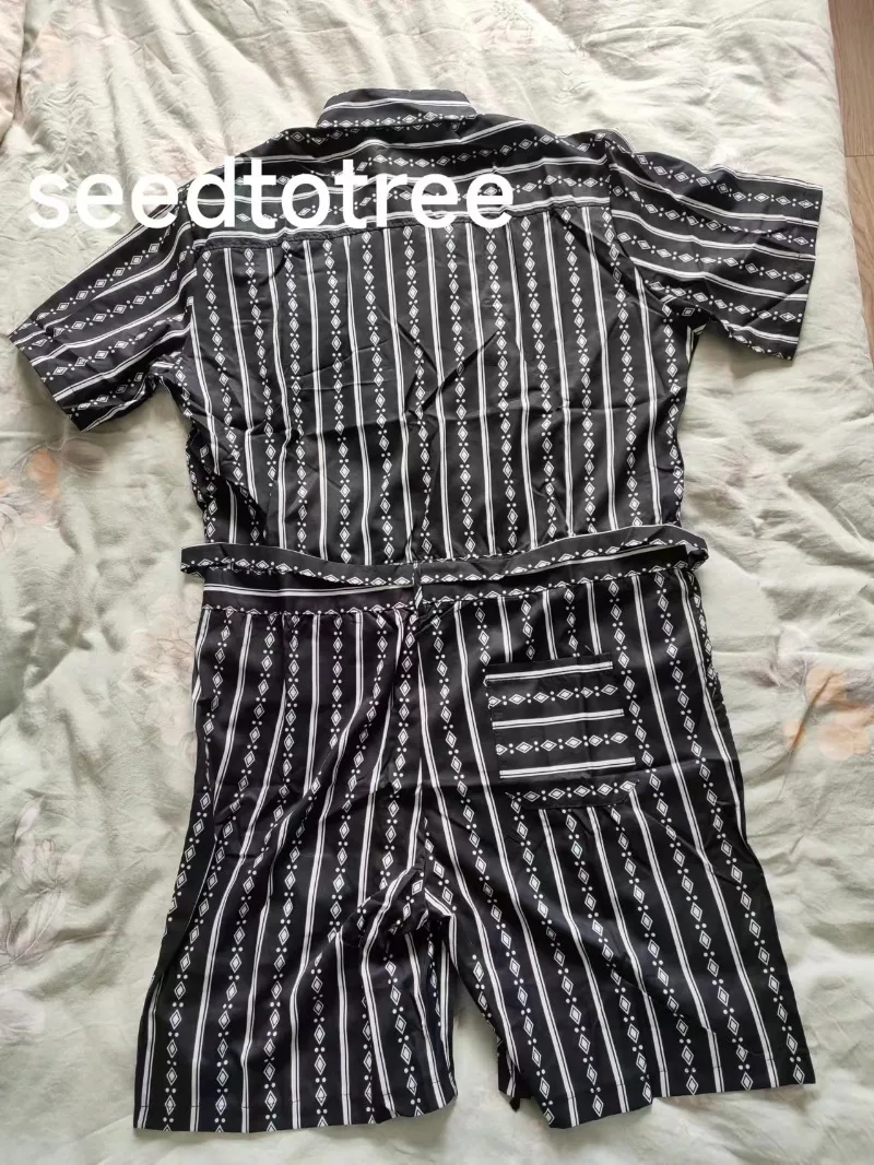 Summer Casual Men's Jumpsuit Printed Safari Style Men's Sets Single Breasted Lapel Short Sleeved Lace Up Shorts Suit