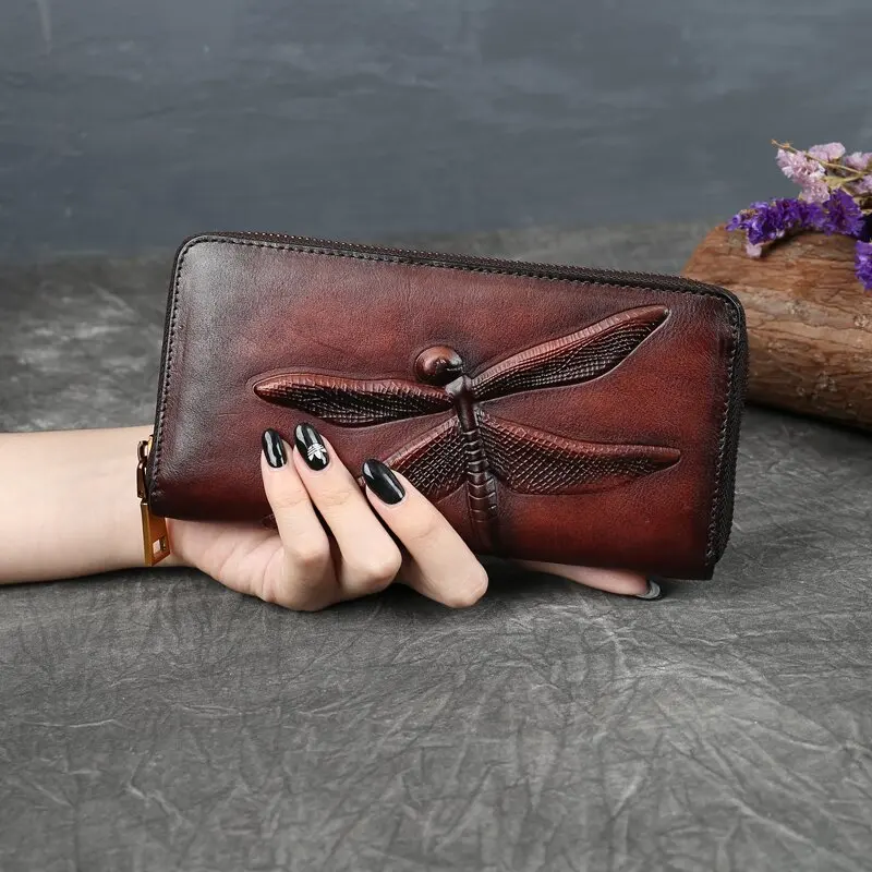 Genuine Leather Long Wallet for Women Purse ID/Credit Card Cash Holder Dragonfly Retro Designer Female Cowhide Money Clutch Bag