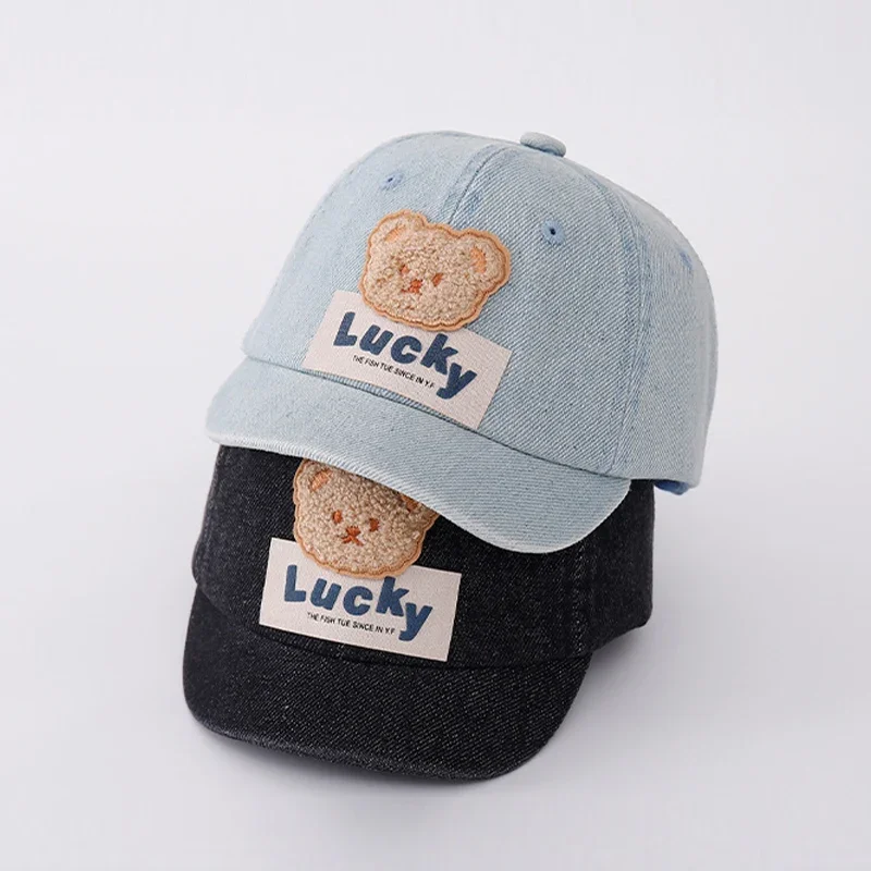 

Cute Cartoon Bear Baby Baseball Cap Blue Denim Short Brim Toddler Peaked Hat Summer Kids Cowboy Duck Tongue Hats