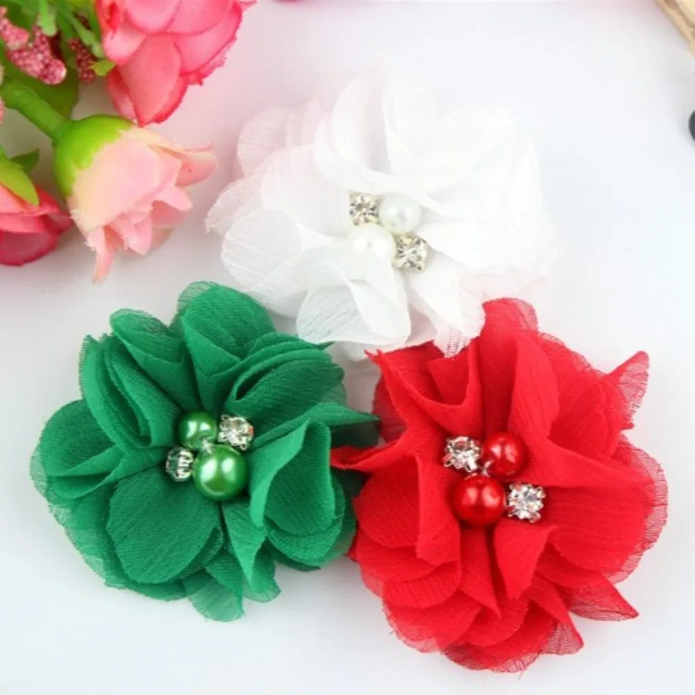 5.5cm Pearl Rhinestone Center Chiffon Rose Flower Patch For Wedding Dress Neck Decor Artificial Fabric Flowers Sewing Applique