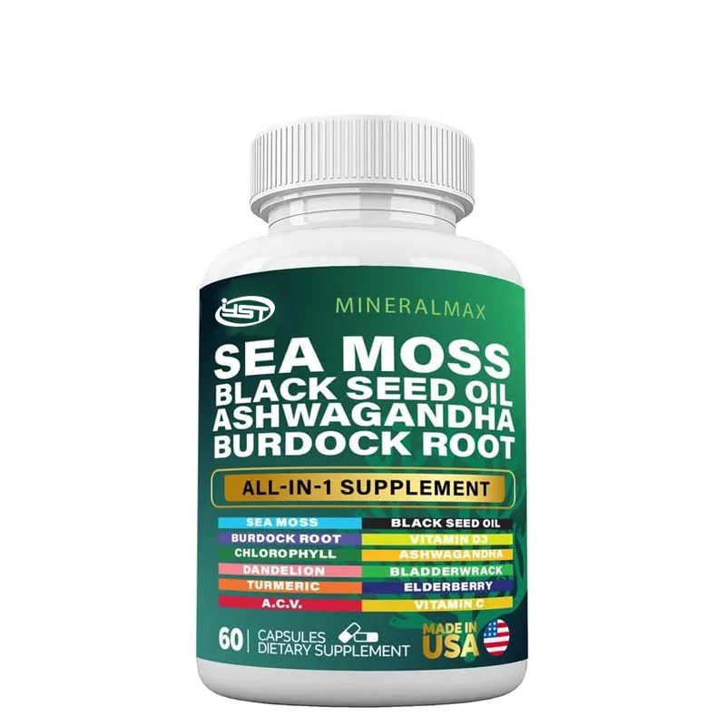 Sea moss capsules contain black seed oil, burdock root, bladder, turmeric, and South African eggplant