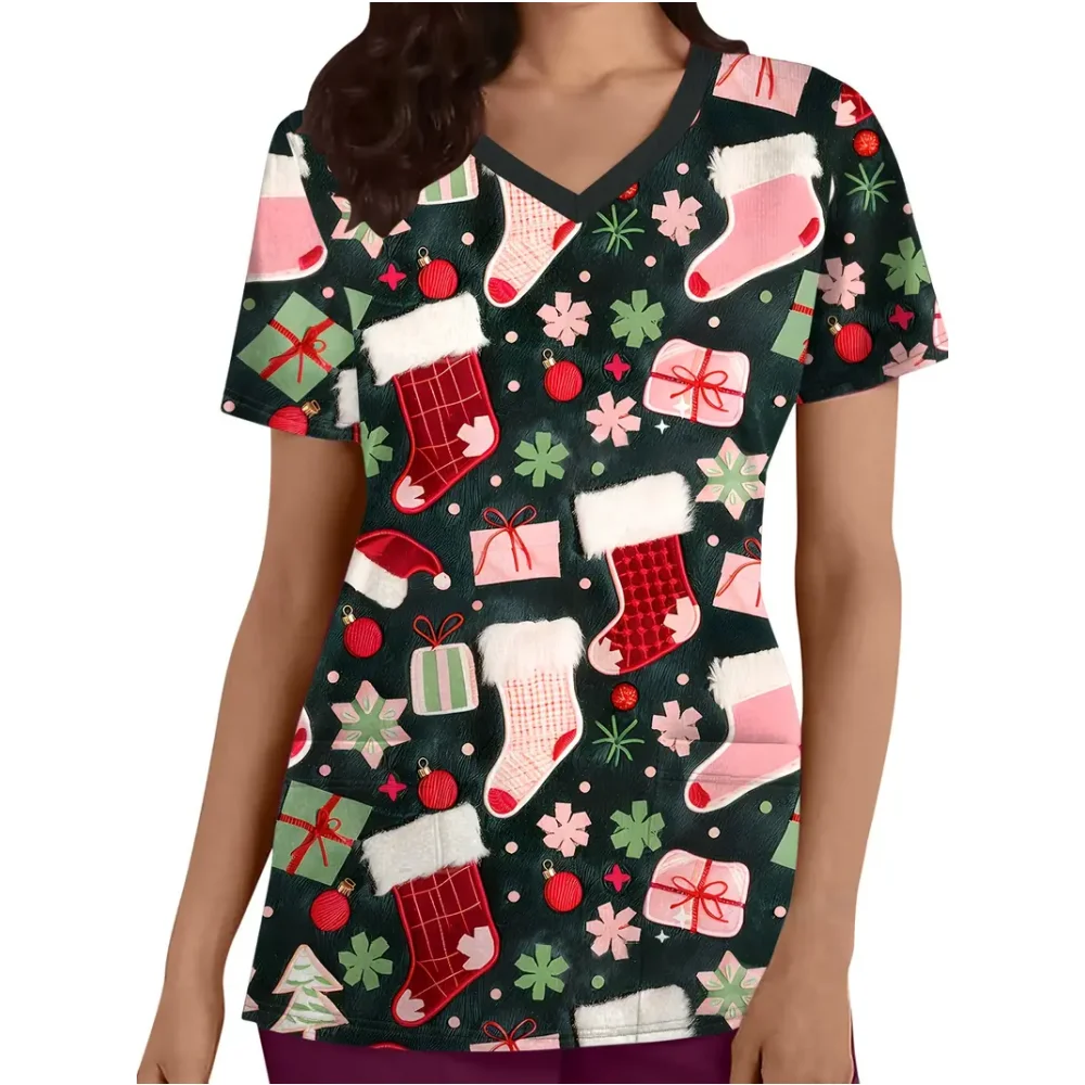 Nurse Uniform Woman Christmas Collection Prints V-Neck Short Sleeve Tops Microelastic Vet Nurse Dental Women's Medical Uniform