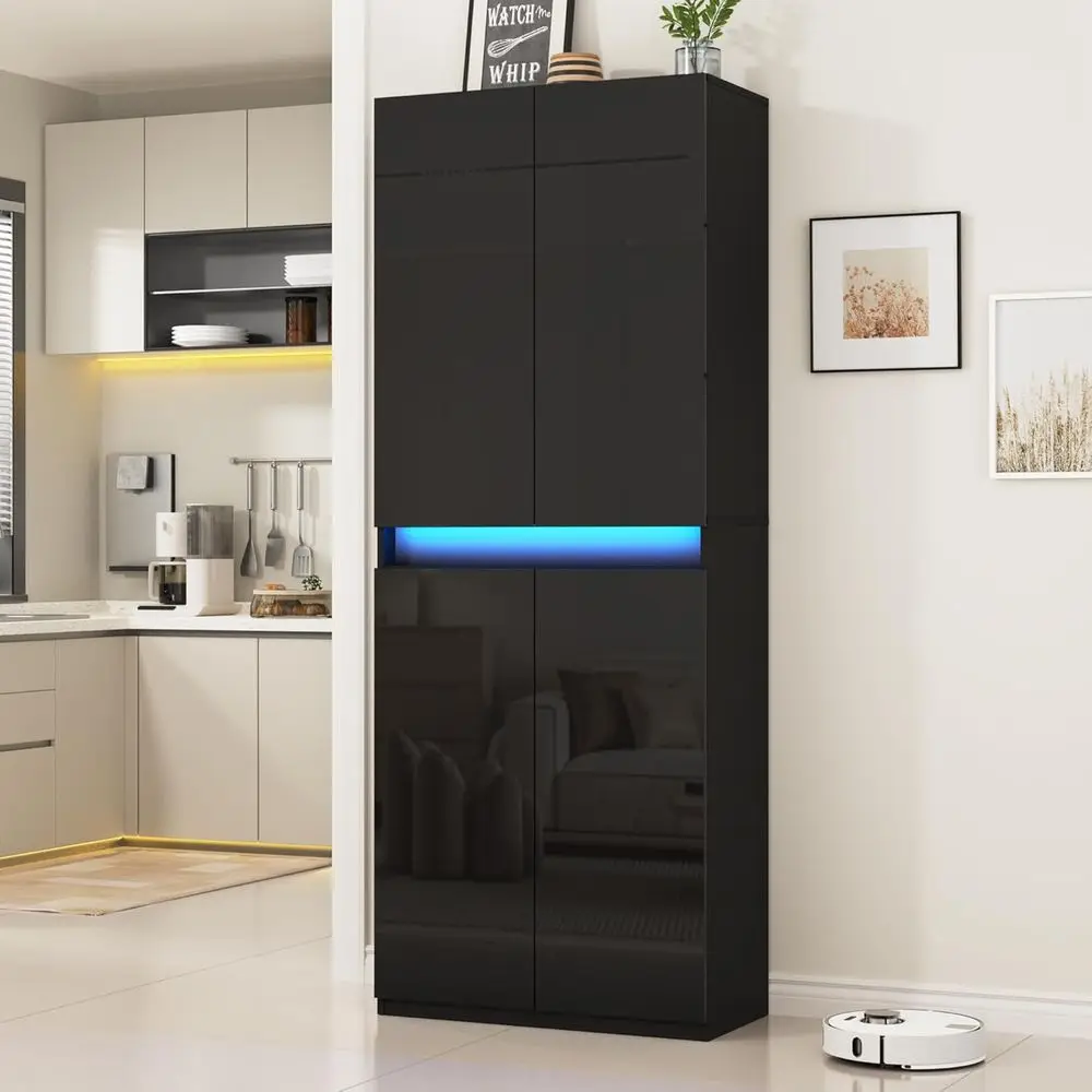 71 Tall Pantry Cabinet with High Gloss Door, LED Lighting, Adjustable Shelves for Kitchen, Dining, Living Rooms - Black