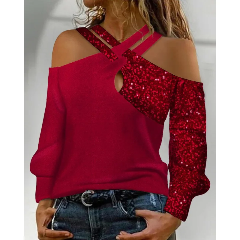 2024 Spring Summer New Women\'s Printed Casual Mesh See-through Sequin Stitching Long-Sleeved Top