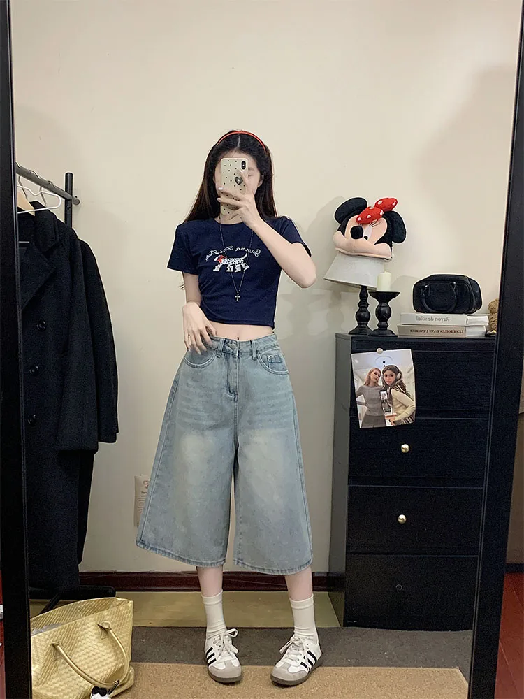 Pantaloni di media lunghezza a gamba larga a gamba larga da donna autunno vintage americano allentato sottile a vita alta in denim da sette pollici