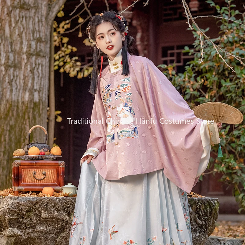 Ming System Hanfu Square Collar Pair Flaperon Big Sleeve Short Jacket Rabbit Red Dress Studio Shooting Clothing