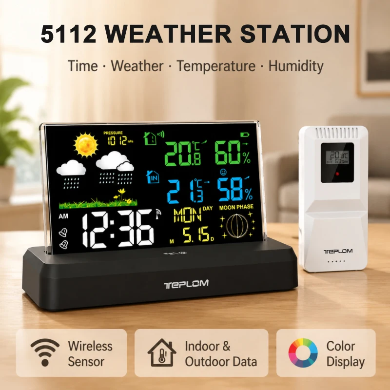 Wireless Weather Station Indoor Outdoor Temperature Humidity Gauge Accurate Weather Forecast Adjustable Backlight Calendar Lunar