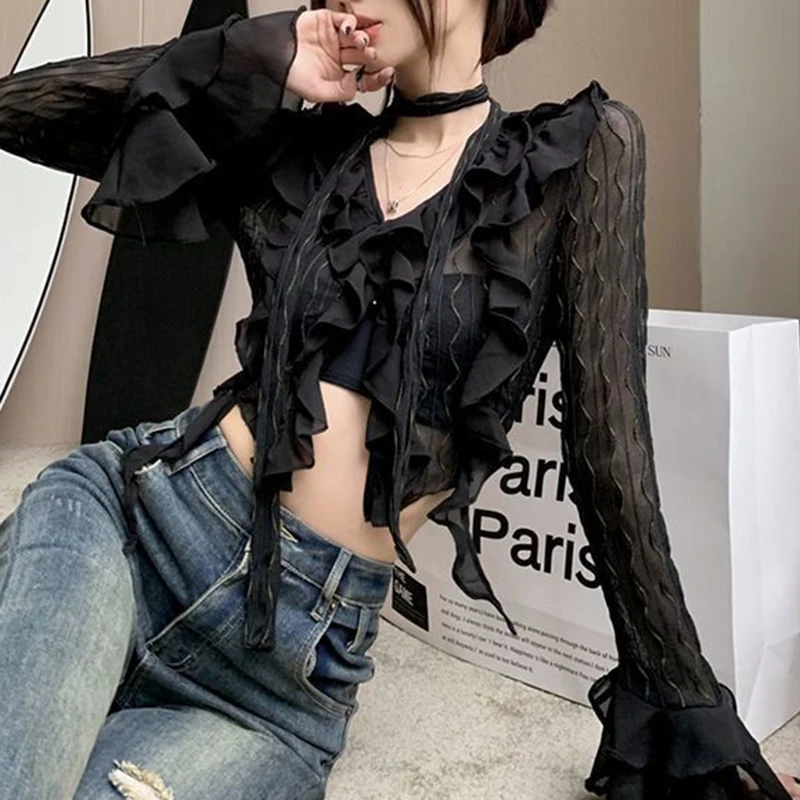 Sexy Gothic Women Lace Blouses Y2K Crop Top Elegant Black Shirt Slim Transparent Cardigan Grungefemale Korean Streetwear Top