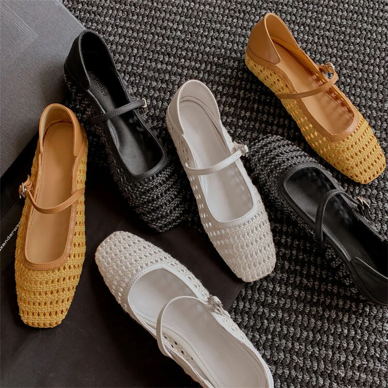 

Leather Woven Mary Jane Square Toe Shallow Shoes Retro Low Buckle Flat Heels Concise Style Franch Sandalias Planas Luxury New