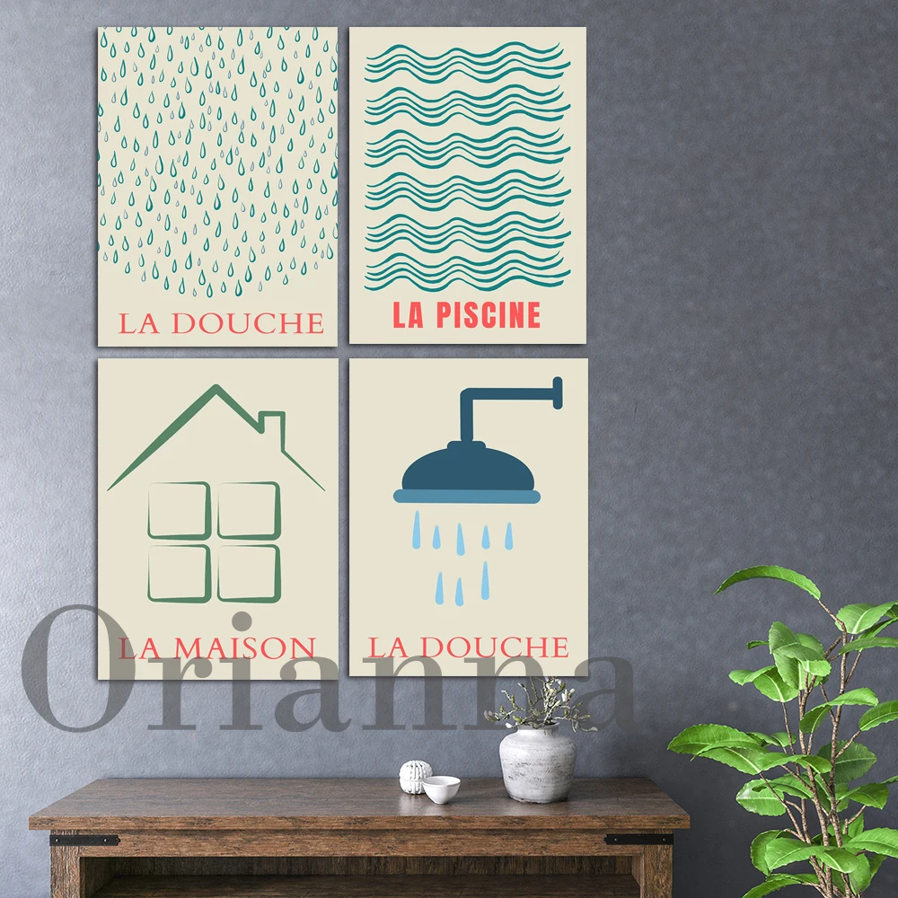 House La Douche La Piscine Vintage French Rain Drops Shower Prints Posters Bathroom Toilet Coffee Shop Wall Art Decor Painting