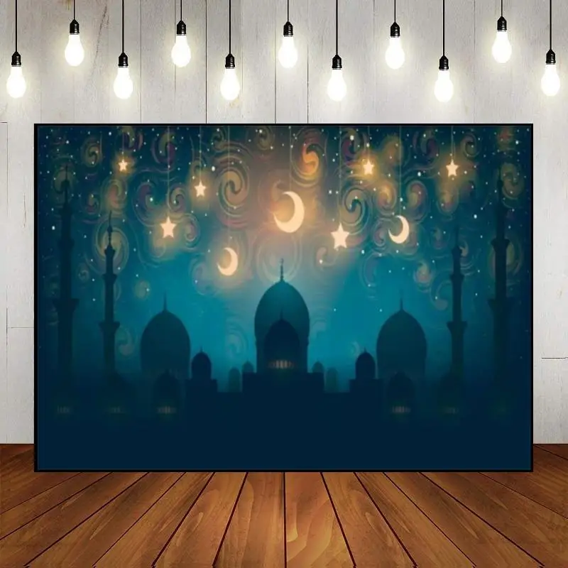 Mosque Silhouette Moon Star Night Religion Culture Photo Background Banner Baby Shower Party Birthday Decoration Backdrop