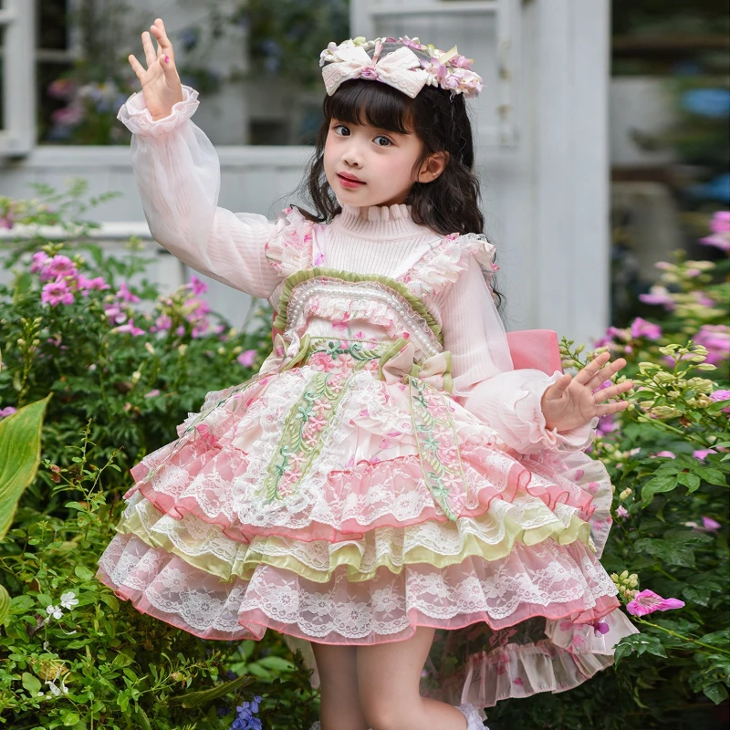 2026 Spring/Summer Hot Selling New Lolita Performance Multi Color Splicing Cake Dress for Children