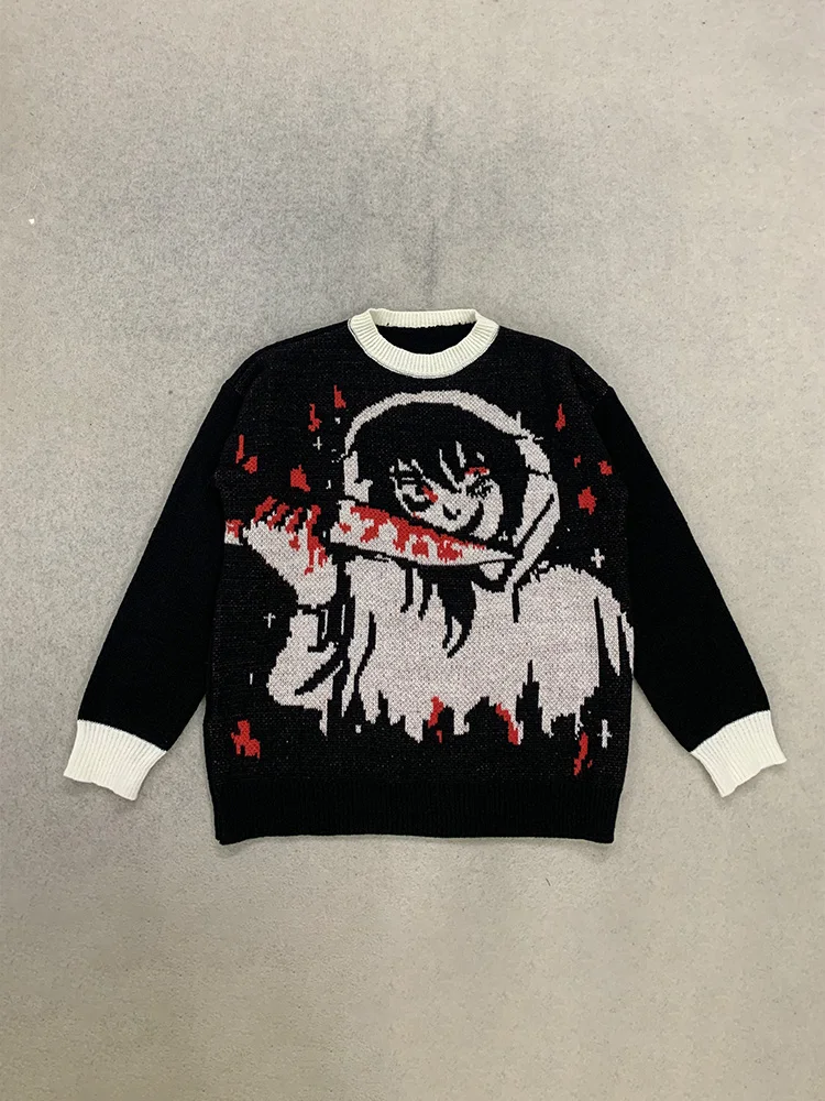 Autumn Winter Women's Y2K E-girl Harajuku Streetwear Dark Anime Print Relaxed Fit Crew Neck Contrast Cuff Long Sleeve Sweater