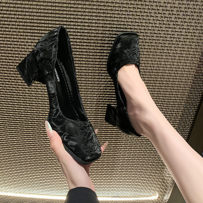 موضة ساحة تو مضخة النساء حذا فردي للسيدات أنيقة مكتب النساء كعب سميك الربيع حفلة الكرة أحذية ماري جين أحذية عالية الكعب #6