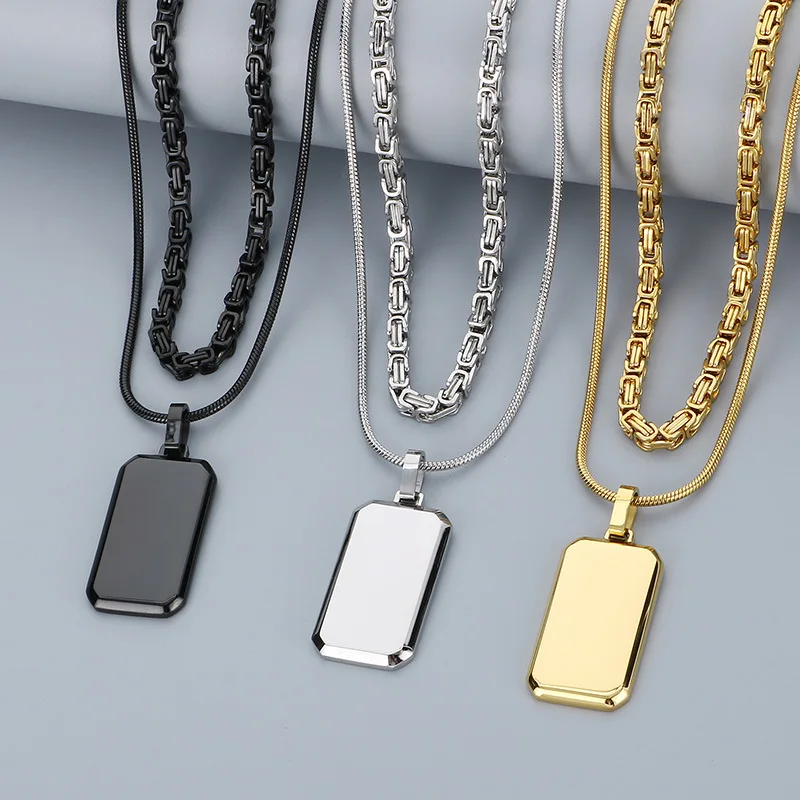 Byzantine King Chain Square Dog Tag Pendant Stainless Steel Necklace - Men's Double Layered Wearing Military Plate