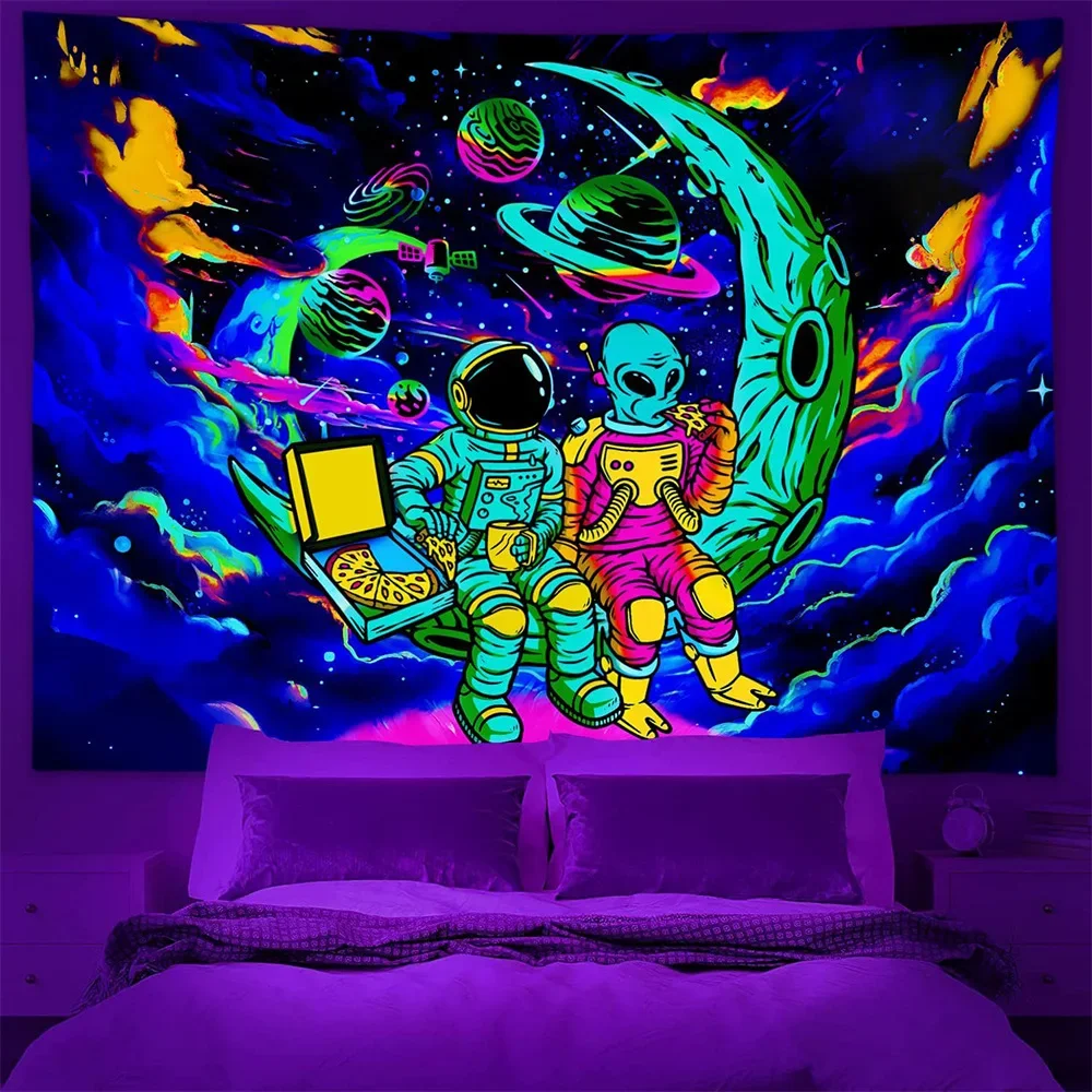 Neon-Schwarzlicht-Wandteppich, UV-reaktiv, Alien-DJ-Wandteppich, leuchtet im Dunkeln, böhmische Eleganz für kunstvolles Wandbehang und Heimdekoration
