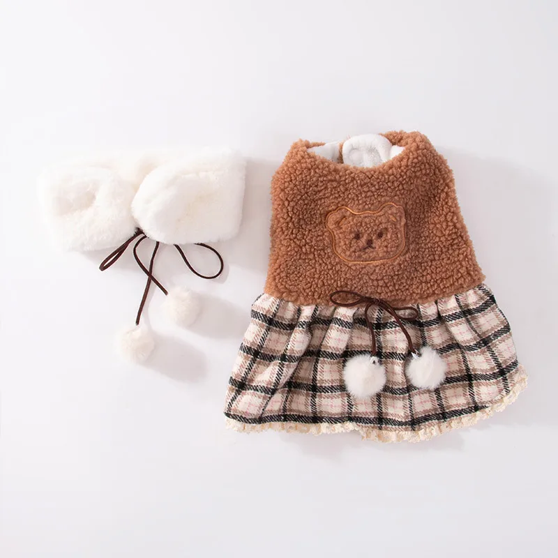 Winter Clothing for Dogs Bear Patchwork Plaid Waistcoat Skirt Warm Prevent Hair Loss Pet Cat Clothing Gift Scarf Dog Clothes