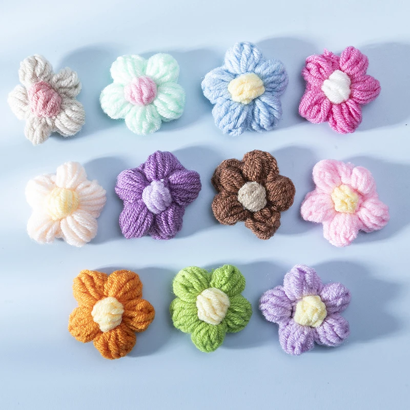 Fashion 10pcs Colorful Hand-Woven Puff Flower Wool Crochet Yarn Textile Flower Handmade Weeding Flowers Clothing Accessories