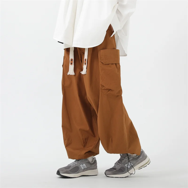 Mens Casual Vintage Cargo Pants Autumn New Big Pocket Oversized Straight Neutral Drawstring Work Trousers Joggers Male 2XL