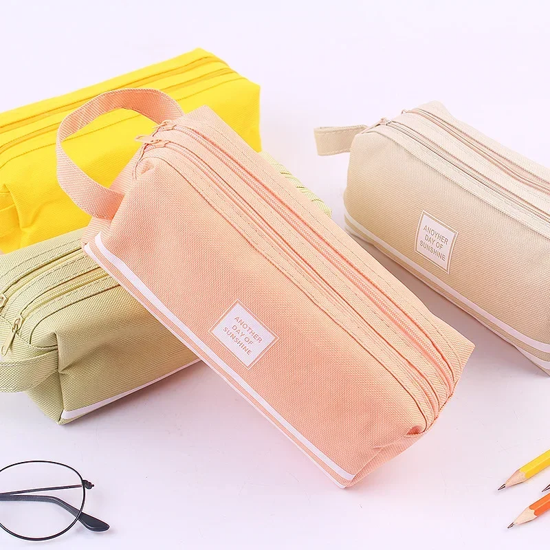 Estuches de lápices de gran capacidad Kawaii, bolsas de lona simples con cremallera de doble capa, suministros escolares para niñas, papelería, 6