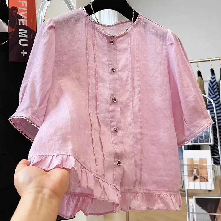 

Summer Thin Cotton Linen ort Sve round Ne irt Women's Casual Faion Top Ele Sli Comfortable Breathable