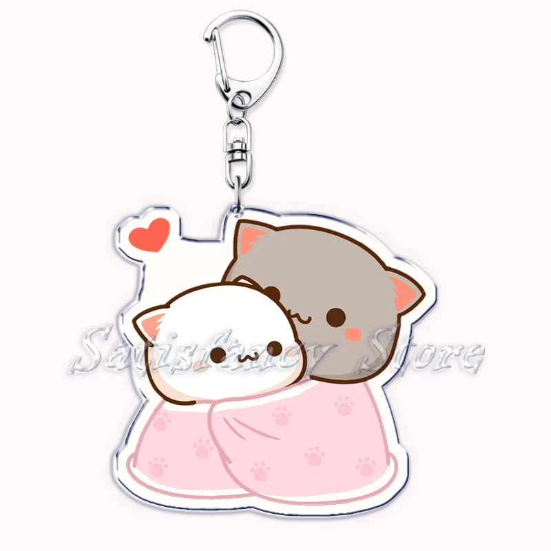 Cute Peach e Goma Acrylic Cat Keychains, anel de afago para casais, acessórios para bolsa, chaveiro pingente, jóias para fãs, presentes para amantes