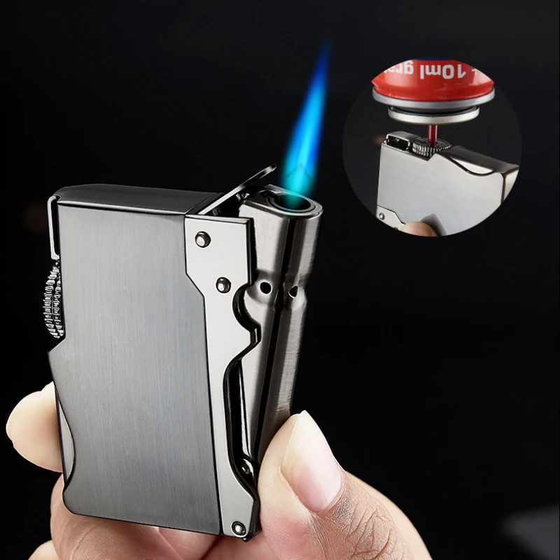 Metal Press Straight Blue Flame Lighter Cigar Lighter Creative High-End Gift Butane Refill Lighter