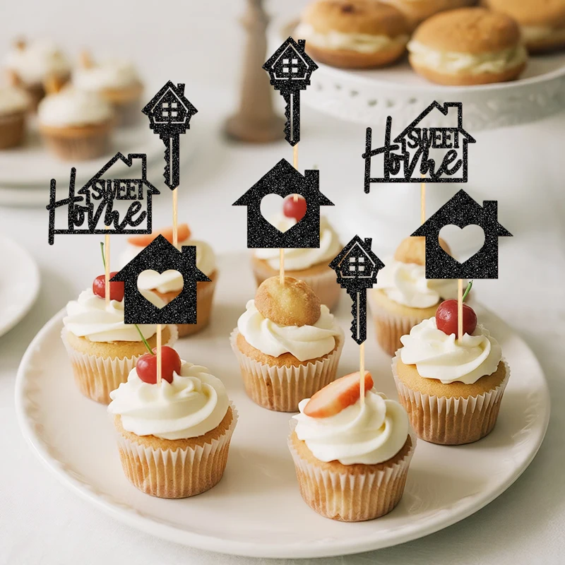 YOMDID 24 Stück Sweet Home Kuchendekorationen aus Bambus für Einweihungspartys, Cupcake-Dekorationen mit 'Sweet Home' Haus- und Schlüssel-Designs – Detail 9