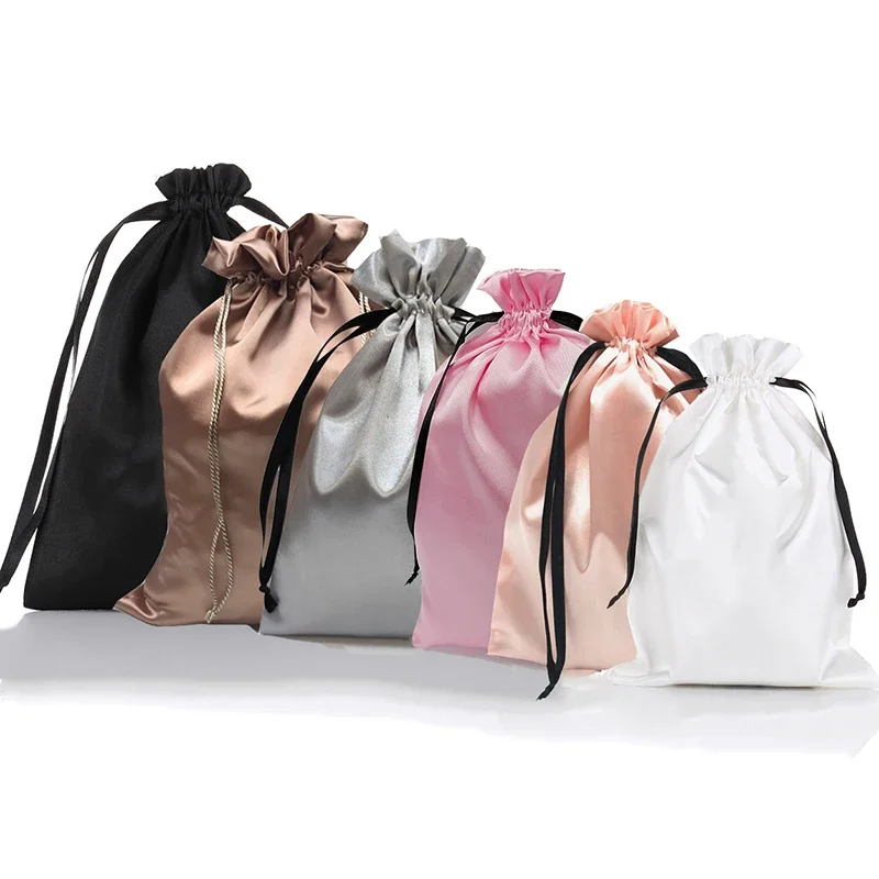 Benutzerdefinierte Logo Seide Satin Kordelzug Geschenktüten Jungfrau Haarschmuck Make-up Verpackungsbeutel Schwarz Weiß Silber Rosa Seidenbeutel