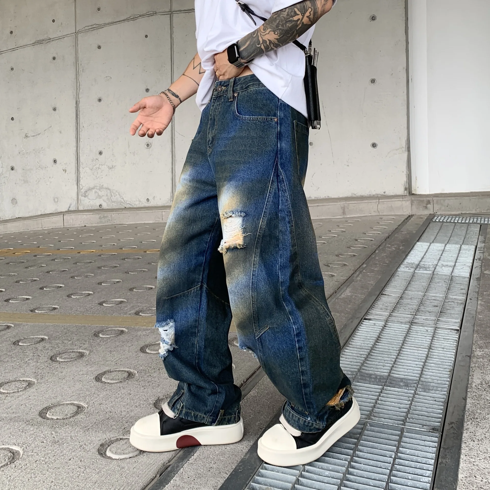 boyfriend Denim Pant Men Jeans Hole High Waist Trousers Vintage Loose Gradient Y2k Streetwear Casual Spliced Pants 2026 Spring