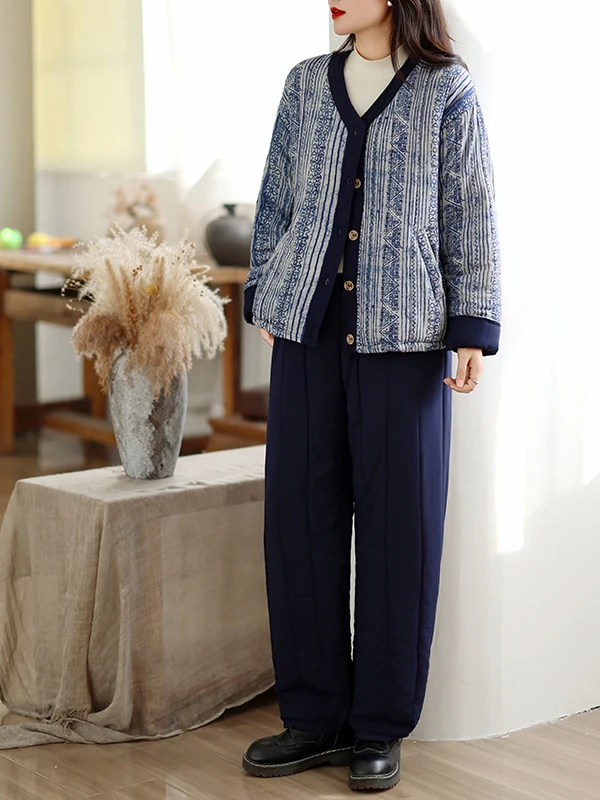 Women's Blue And White Porcelain Patterned Cotton Jacket Home Clothes Set Wearable Outdoors Striped Slimming Open Cardigan