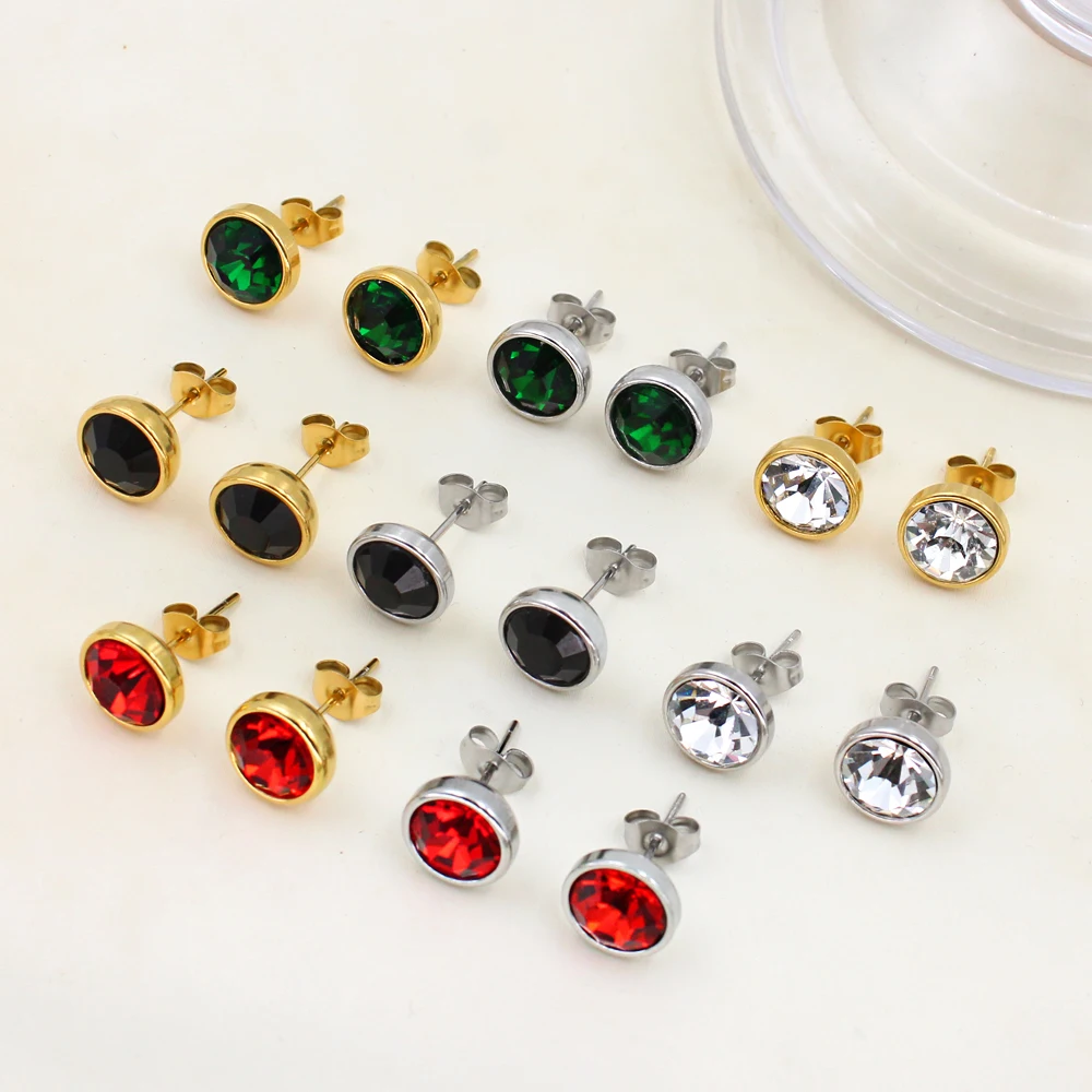 Classic Shiny Colorful Cubic Zircon Ear Stud Fashion 304L Stainless Steel PVD Gold Plated Earrings Men Women OL Daily