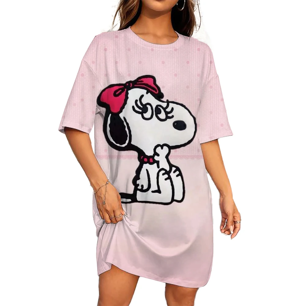 ชุดเดรสเสื้อยืด Dress Model Baru พิมพ์ลายสนูปี้วินเทจทรงหลวมทรงหลวมเสื้อผ้าผู้หญิงแขนสั้นผู้หญิงลำลอง