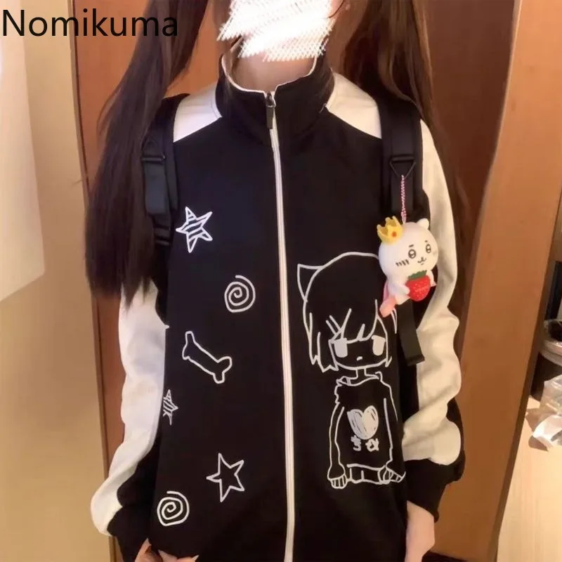 2024 Women Clothing Japanese Cute Jackets Stand Neck Zipper Outwear Y2k Tops Casual Fashion Anime Print Oversized Coats 49B532