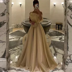 Luxury Tulle Off the Shoulder Strapless Prom Dresses Pleated Corset Sleeveless Formal Party Dress A-Line Long Saudi Evening Gown