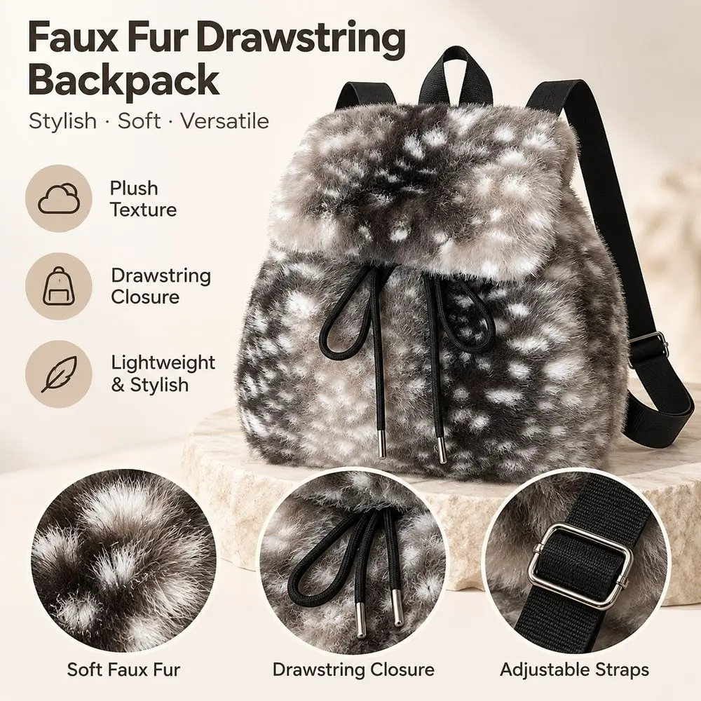 Creative Gift Faux Fur Backpack Large Capacity Soft Drawstring Backpack Spotted Deer Pattern Spotted Bucket Style Backpack