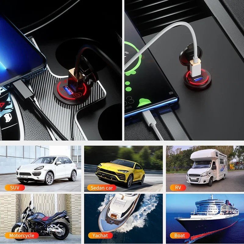 Fast Car Charger Socket Dual QC 3.0 Dual USB 12V/24V Waterproof with Switch Auto Car Quickly Charger Adapter Power Outlet