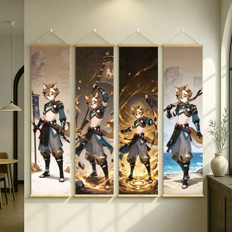 Hanging Scroll Wall Art of Genshin Impact Gorou with Warm Golden Glow on Silver Shimmer Canvas for an Anime Bedroom