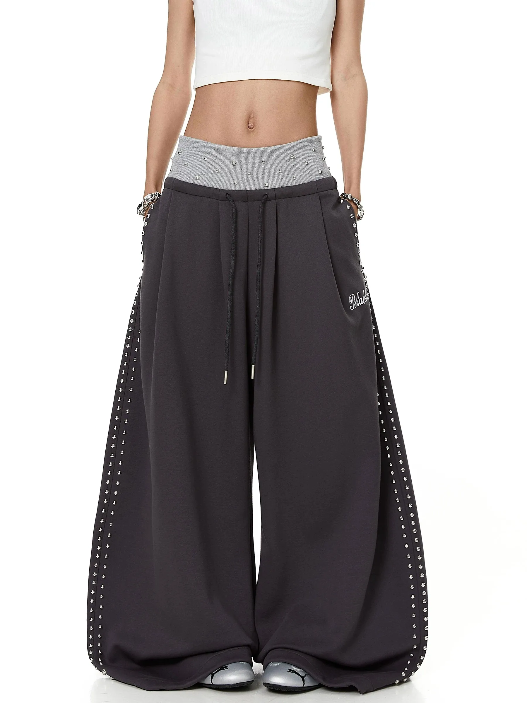 American Style Loose Fit Embroidered Color Block Design Casual Pants Women's Jazz Dance Wide Leg Pants Comfortable Breathable