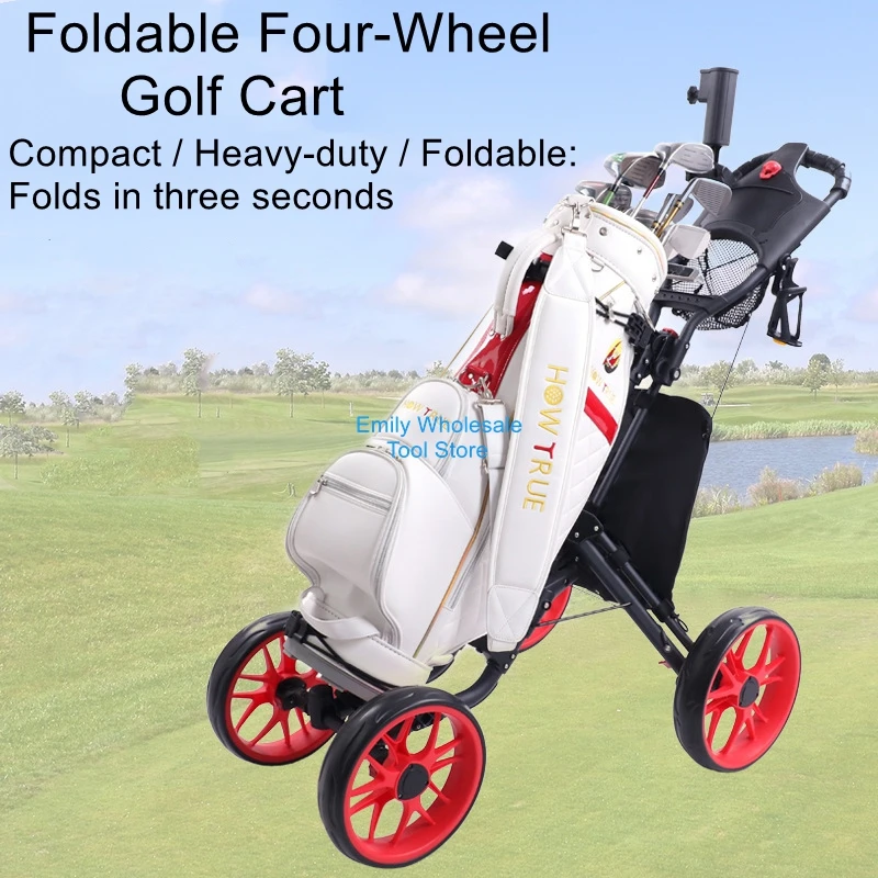 Four-Wheel Red Golf Cart, Foldable Cart for Carrying Golf Bags, Suitable for Golf Courses