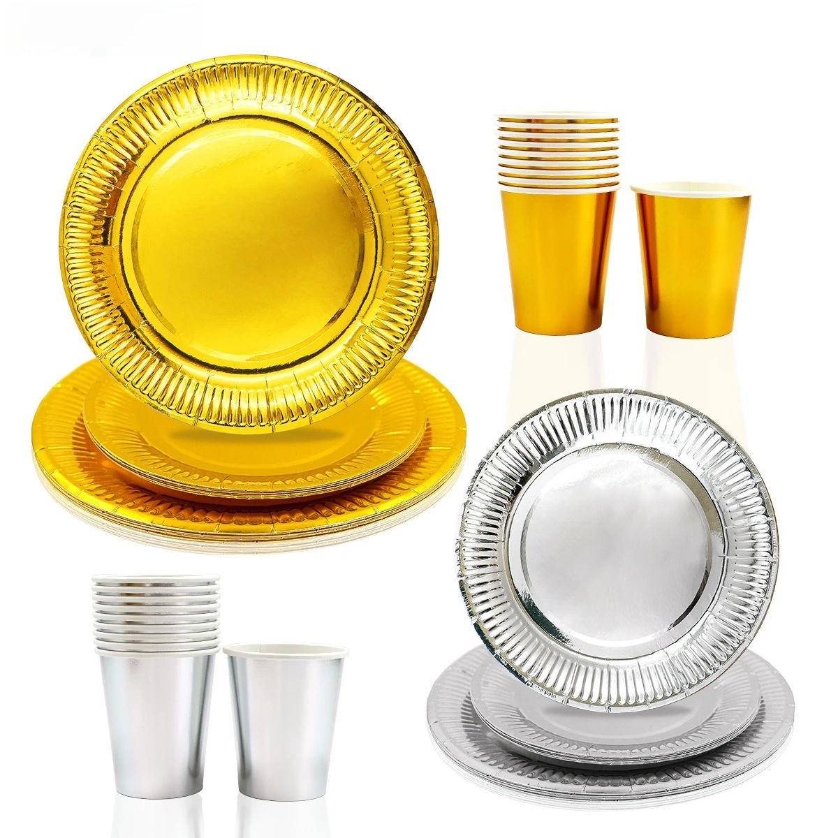 Gold- und Silbergeschirr-Set, Einweg-Pappteller zum Bügeln, goldene und silberne Pappbecher, Party, Geburtstag, Kuchen, Papier, Essenteller