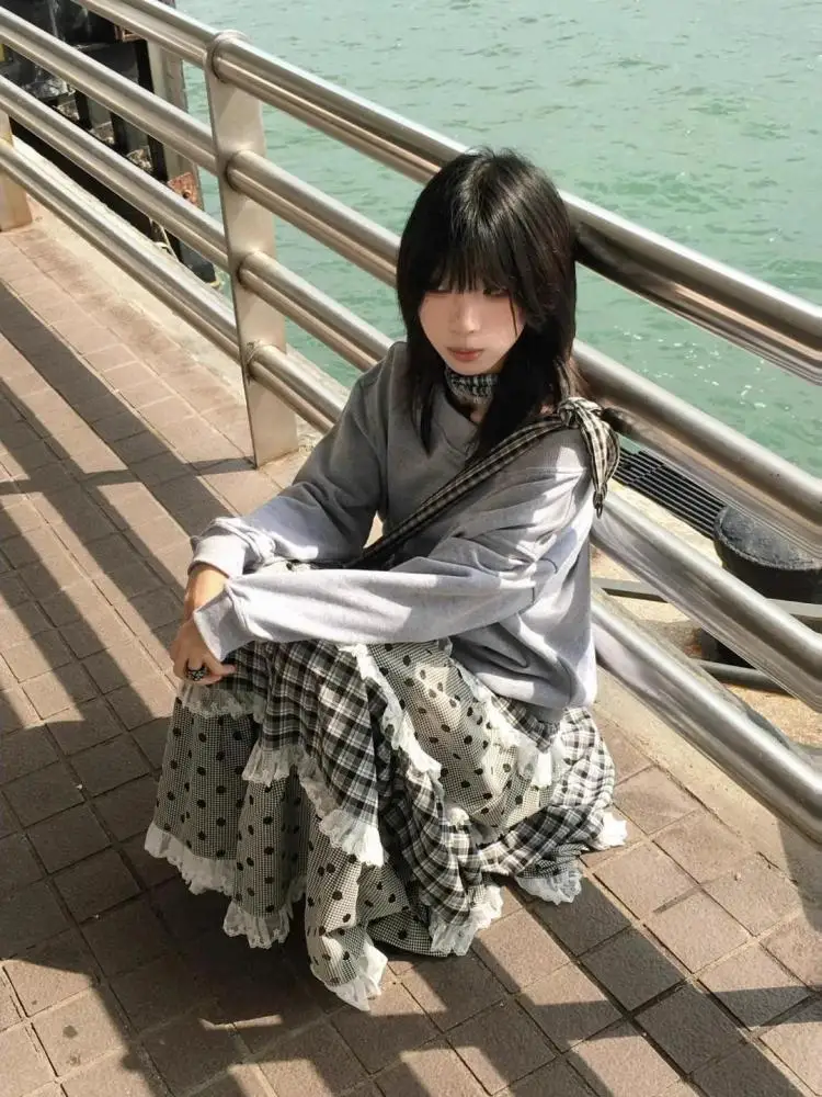 Tawaaiw Preppy Style Dot A-line Skirt High Waist Long Skirts For Women Patchwork Summer Bottom Y2k Plaid Chic Vintage Casual #5