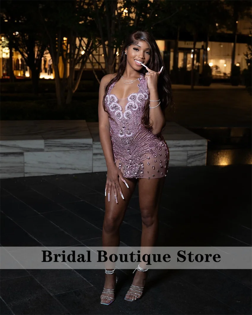 Pink Diamonds Short Prom Dress Crystals Beading Mini Cocktail Homecoming Dresses For Black Girl Customized