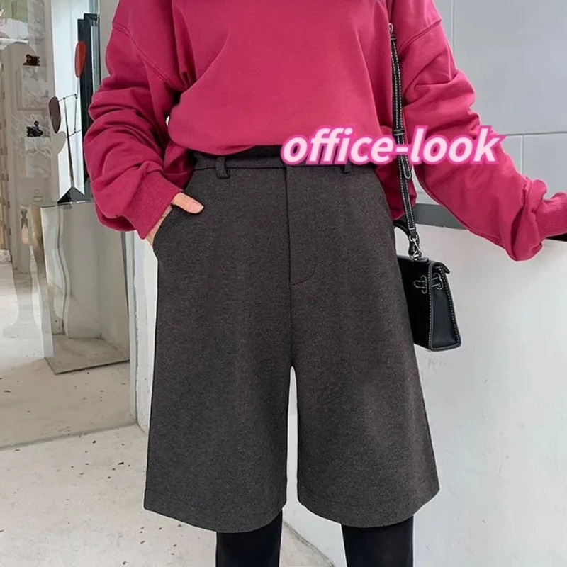 

S-3XL прямые шорты женские осень-зима корейская мода базовый темперамент элегантные винтажные брюки однотонные с высокой талией офисные женские туфли