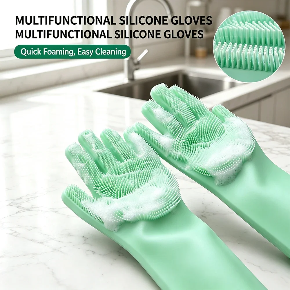 Silicone Dishwashing Gloves 3 in 1 Scrubber Cleaning Gloves Waterproof Heat Resistant Reusable Kitchen Glove for Dish Washing
