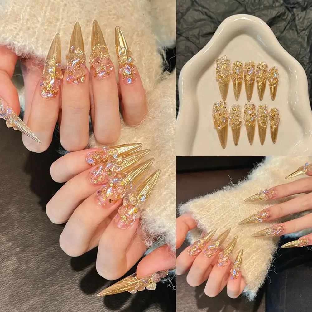 10Pcs Golden French Fake Nails Long Stiletto Handmade Press On False Nails With Rhinestone Wearable Almond Full Cover Nail Tips